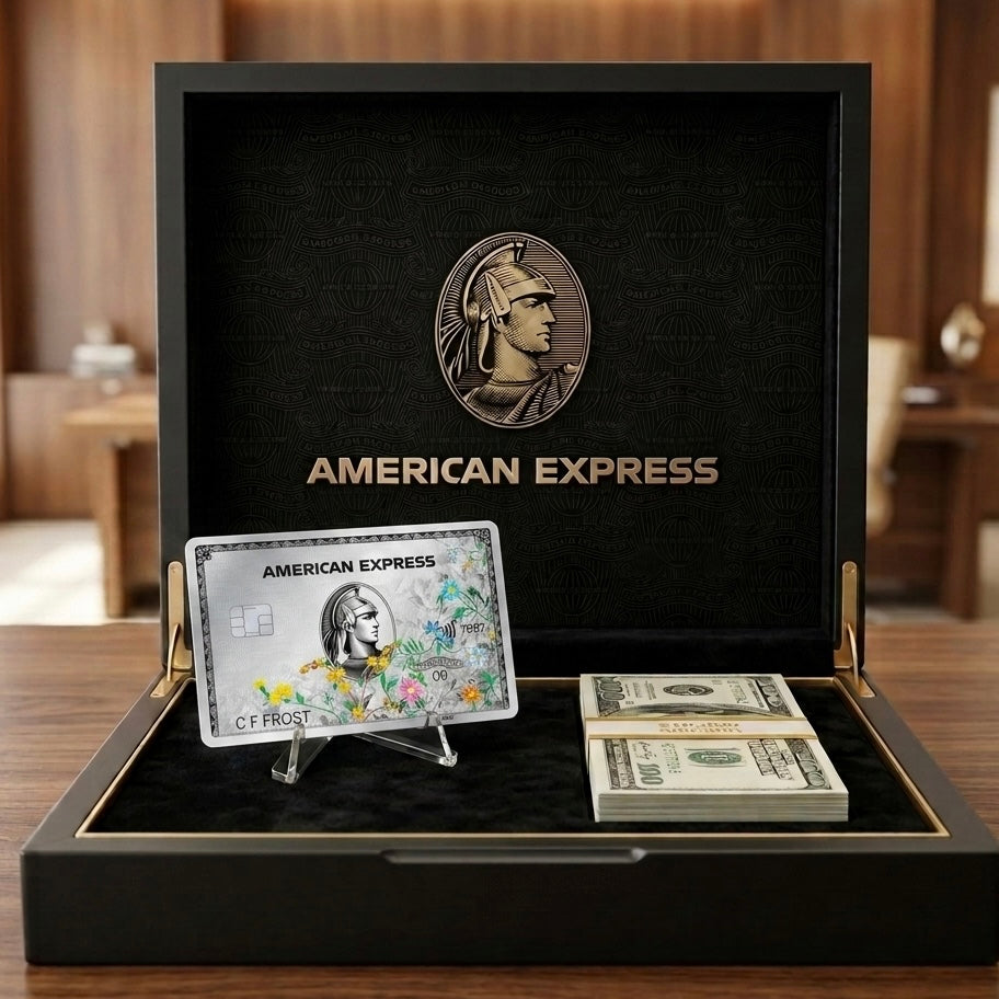 carte AMEX PLATINUM FLOWE avec 50 billets de 100 dollars