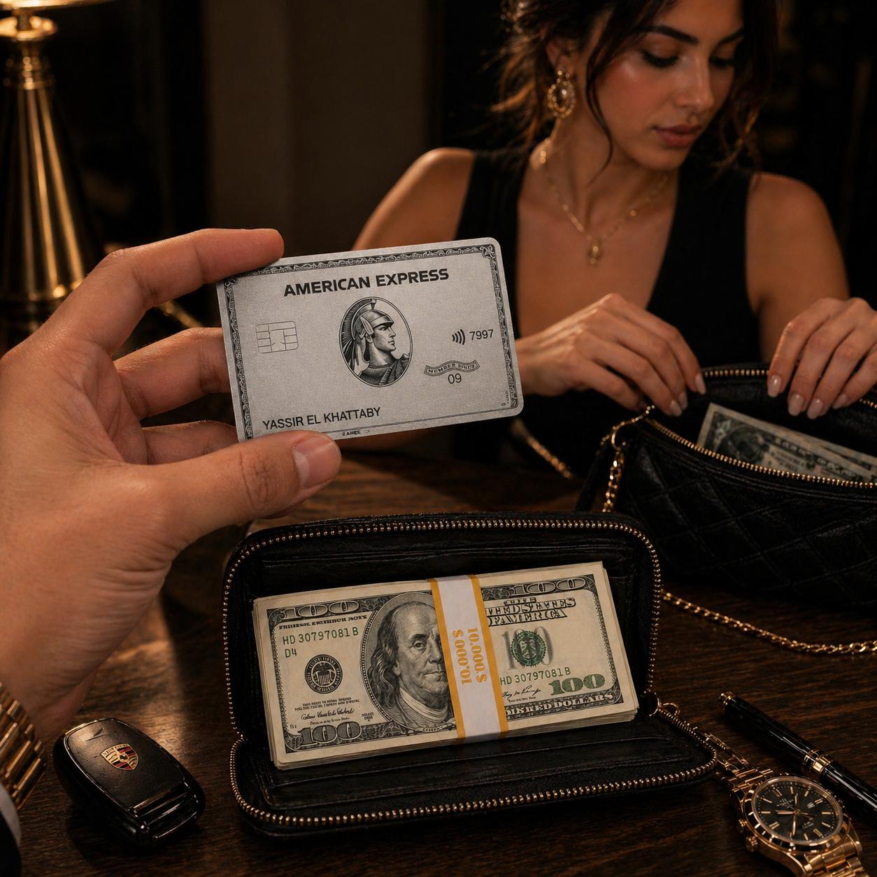 Carte AMEX Platinum avec 50 billets de 100 dollars