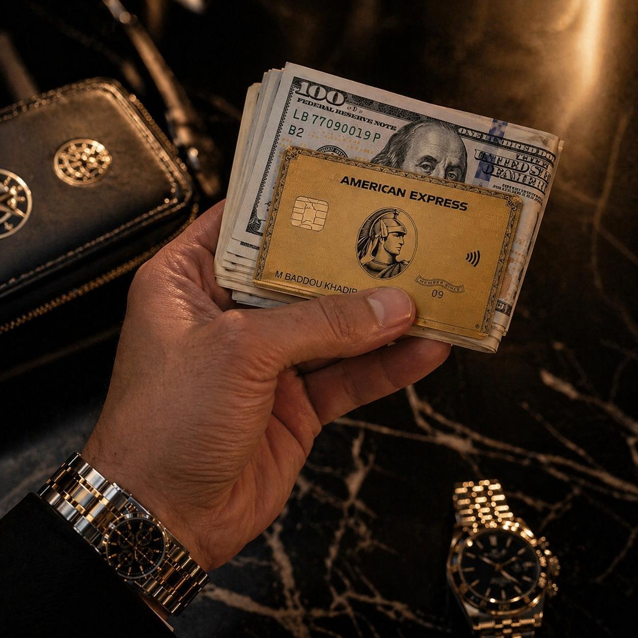 Carte AMEX Gold avec 50 billets de 100 dollars